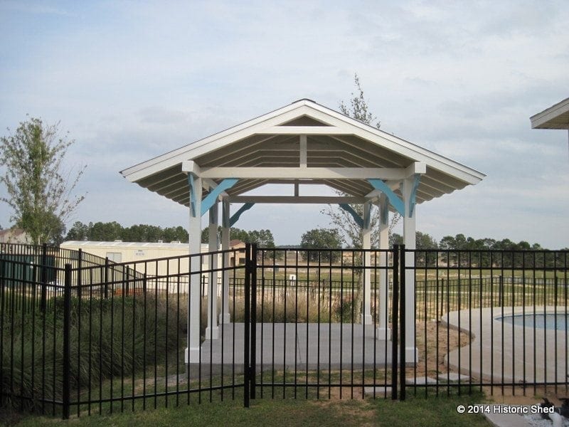 The residential pool pavilion was constructed to give shade in a new neighborhood with few trees near Orlando.